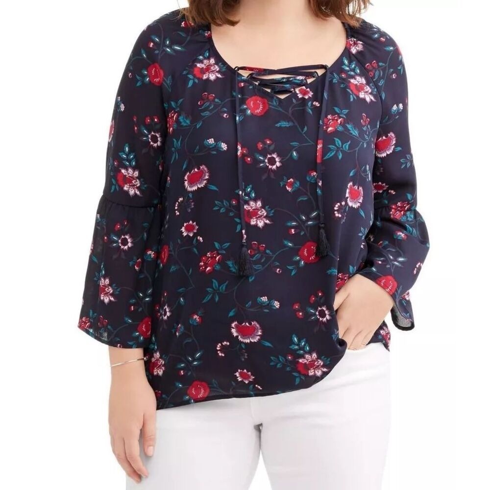 Faded Glory Floral‎ Top Blouse Womens Size 3X Dark Navy Lace Up Bell Sleeve Boho